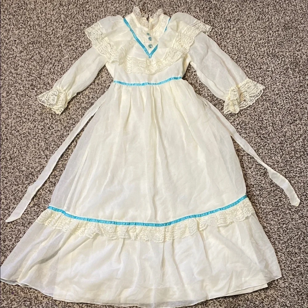 Vintage White and Blue Ruffled Tiered Bridal Gown